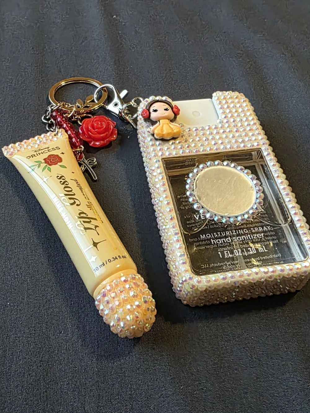 Handmade princess Belle Lip Gloss & Hand Sanitizer Keychain Set